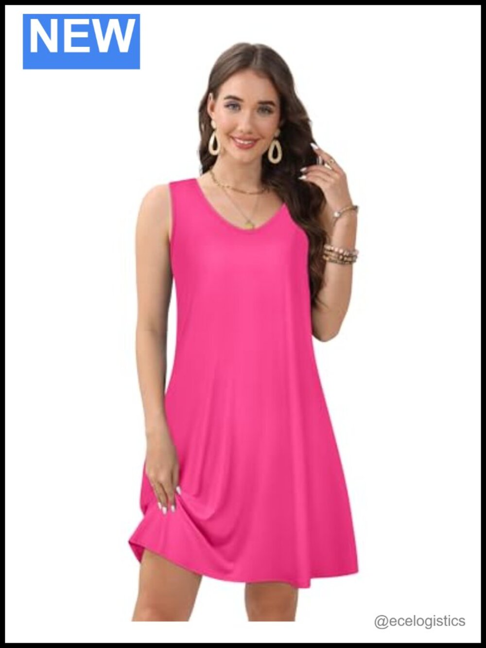Sleeveless V Neck Swing Dress with Pockets Flowy Casual Summer Midi - Picture 2 of 6
